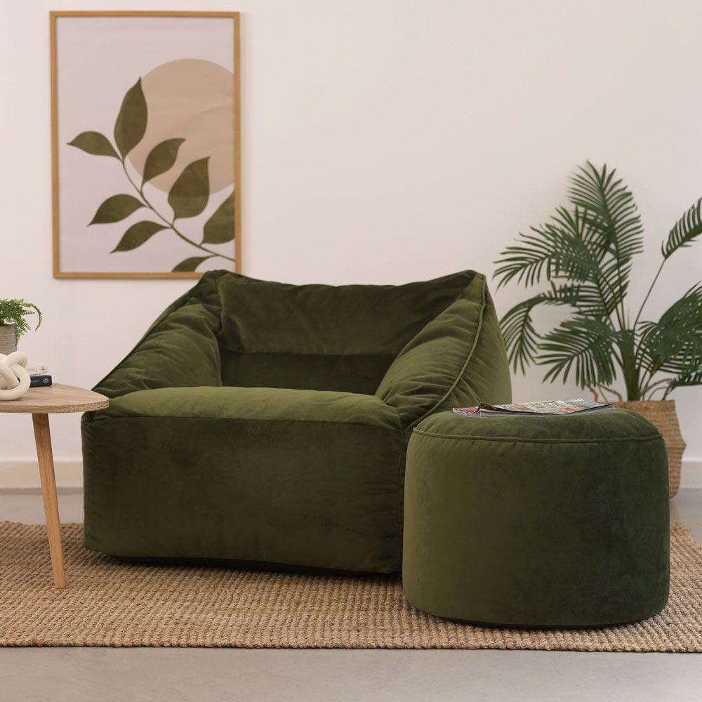 icon® Natalia Velvet Armchair Bean Bag & Round Footstool, Olive Green