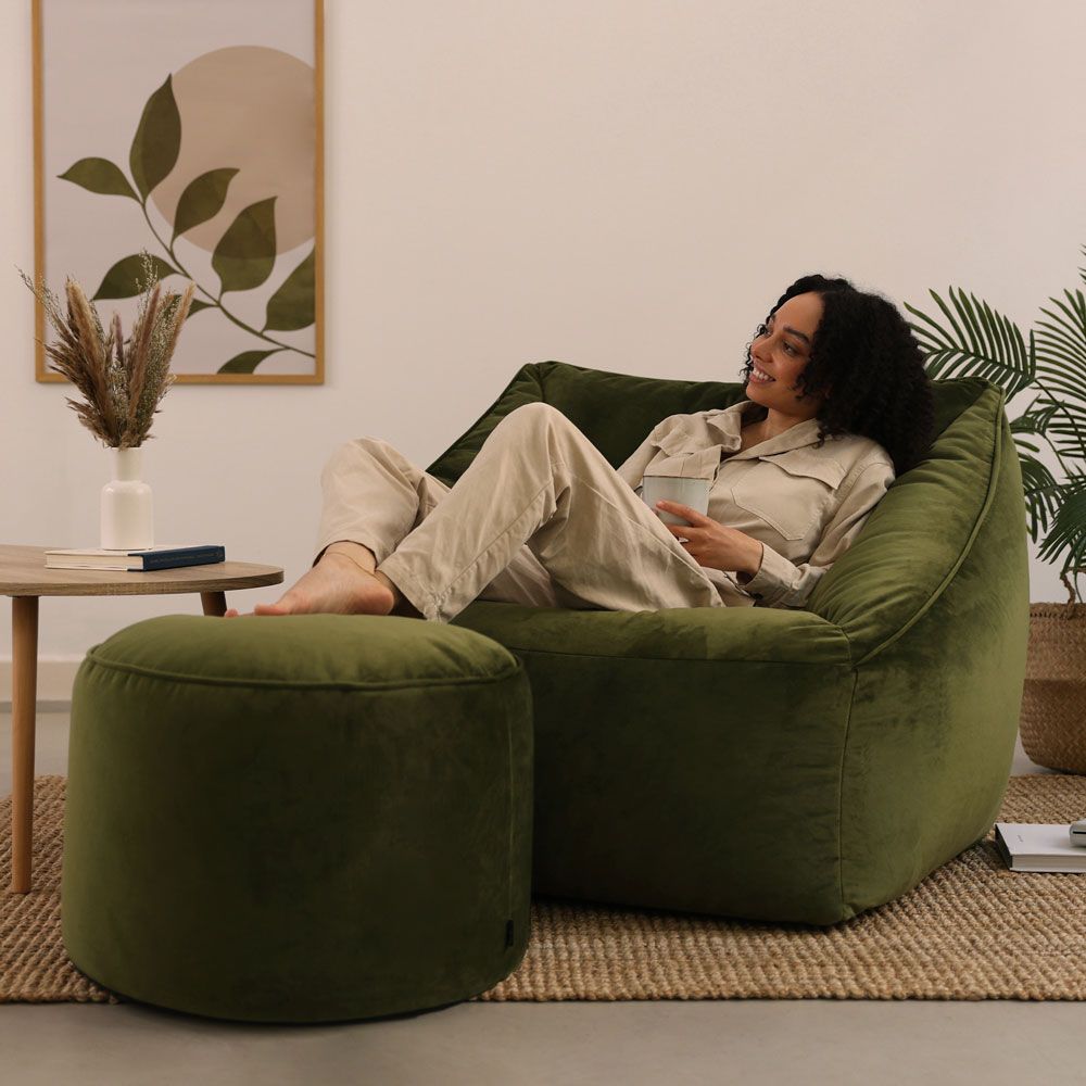 icon® Natalia Velvet Armchair Bean Bag & Round Footstool, Olive Green