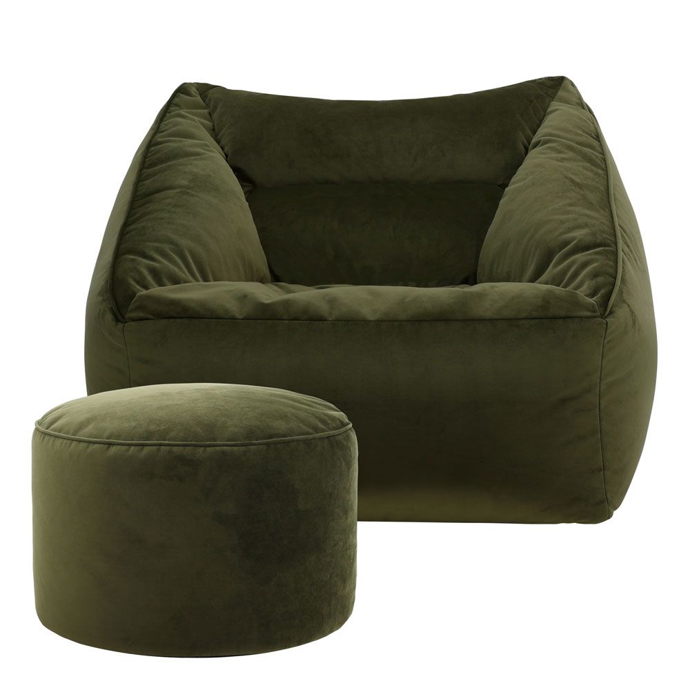 icon® Natalia Velvet Armchair Bean Bag & Round Footstool, Olive Green