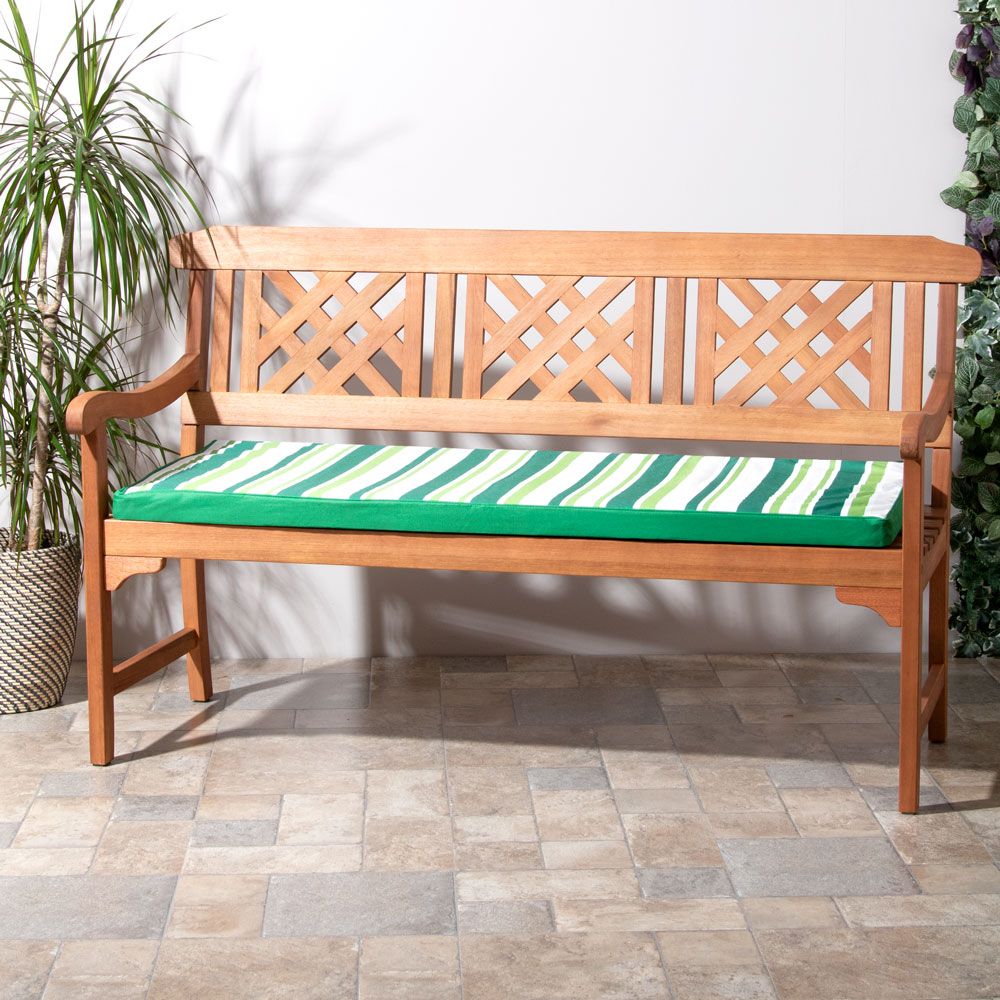 Green and White Striped 3 Seater Large Bench Pad on Bench in Yard