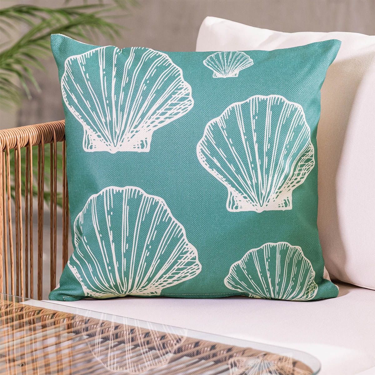 Large Sea Shell Print Indoor-Outdoor Cushion, Blue