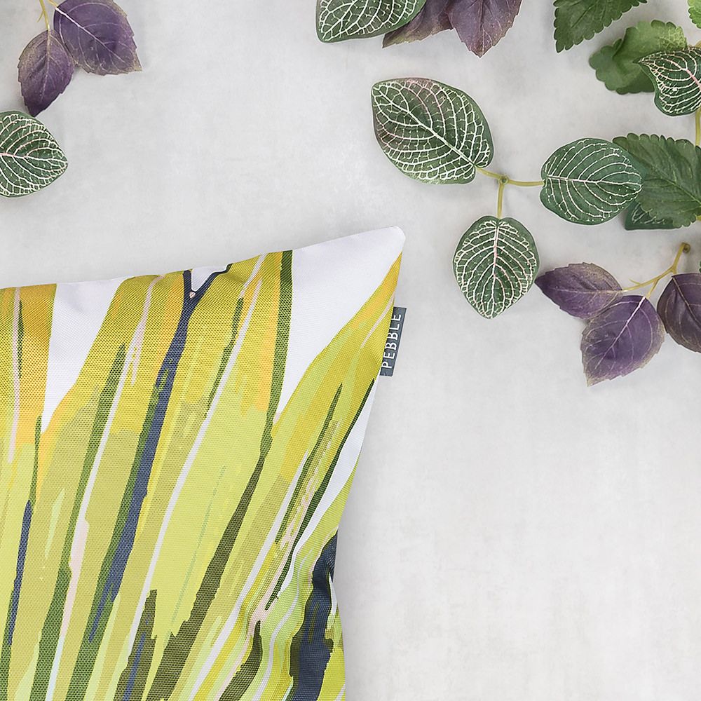 Lime Green Palm Print Outdoor Cushion Close Up