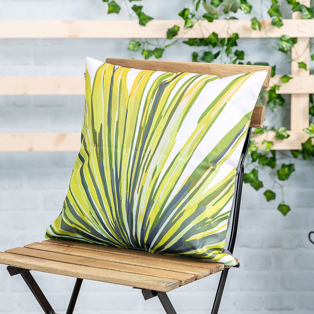 Lime Green Palm Print Outdoor Cushion Lifestyle Cropped