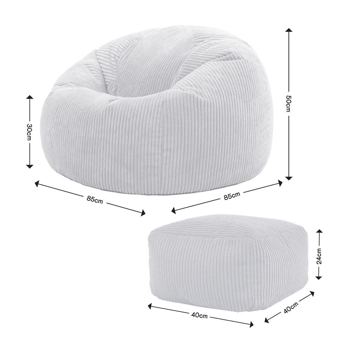 icon® Kingston Cord Classic Bean Bag & Footstool, Light Grey