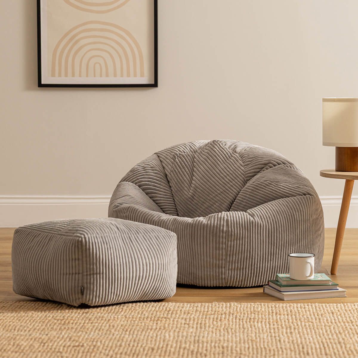 icon® Kingston Cord Classic Bean Bag & Footstool, Light Grey