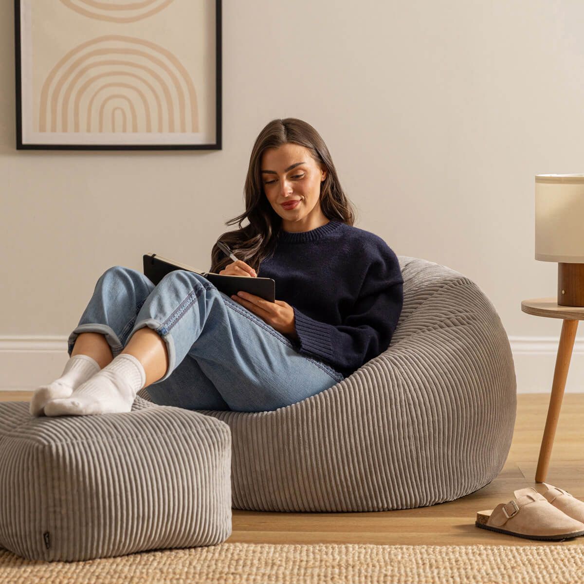 icon® Kingston Cord Classic Bean Bag & Footstool, Light Grey