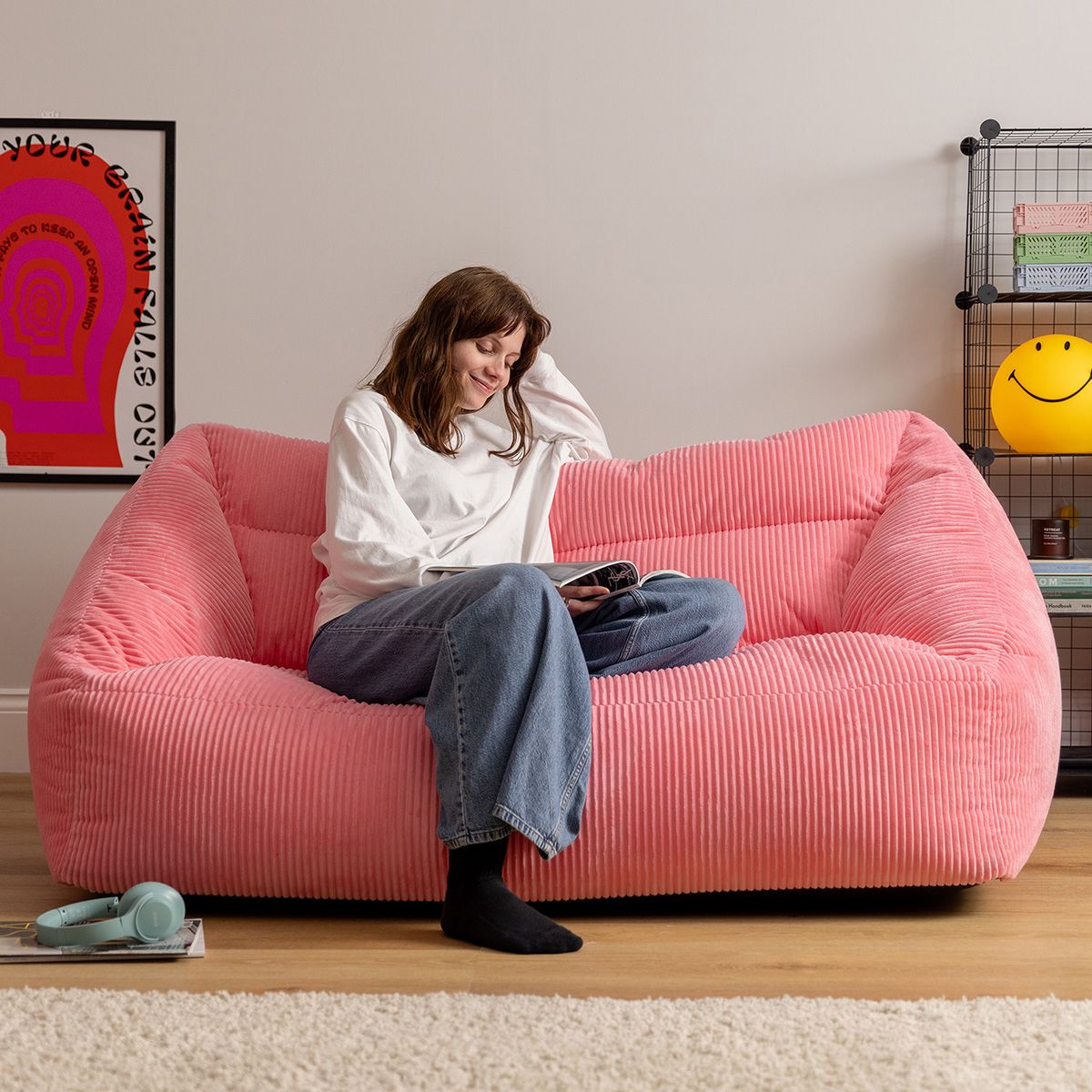 Icon Cecilia Corduroy Two Seater Sofa Bean Bag, Bubblegum Pink